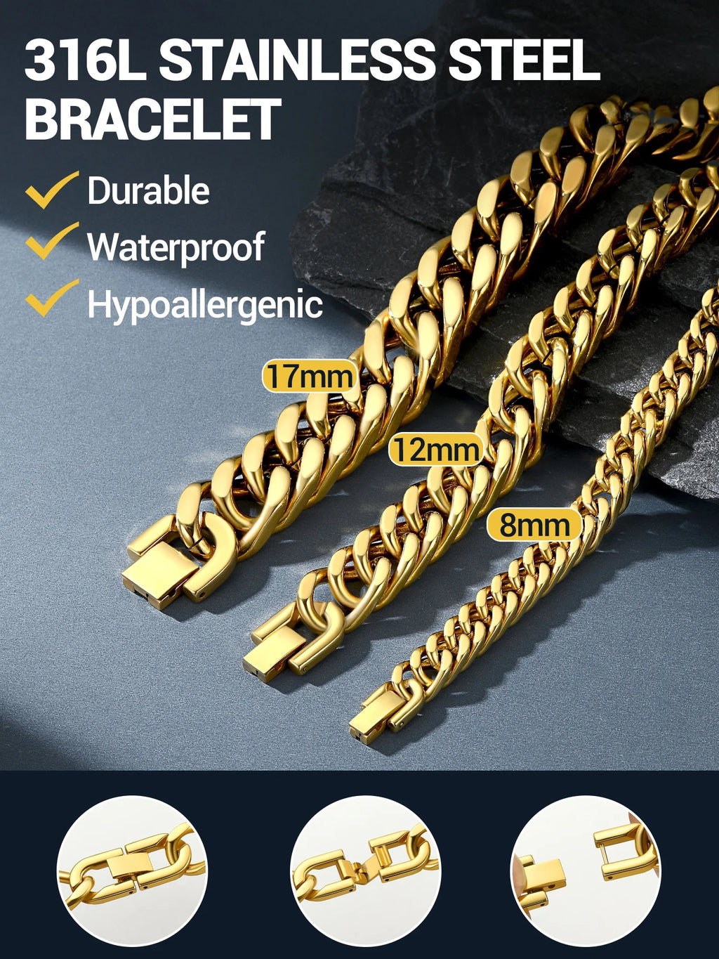 Men Stainless Steel 17Mm Cuban Chain Bracelets Chunky Franco Gold Plated Chain Bracelet 7.5 Inch Chains Jewelry Birthday Valentine Graduation Father Day Gifts
