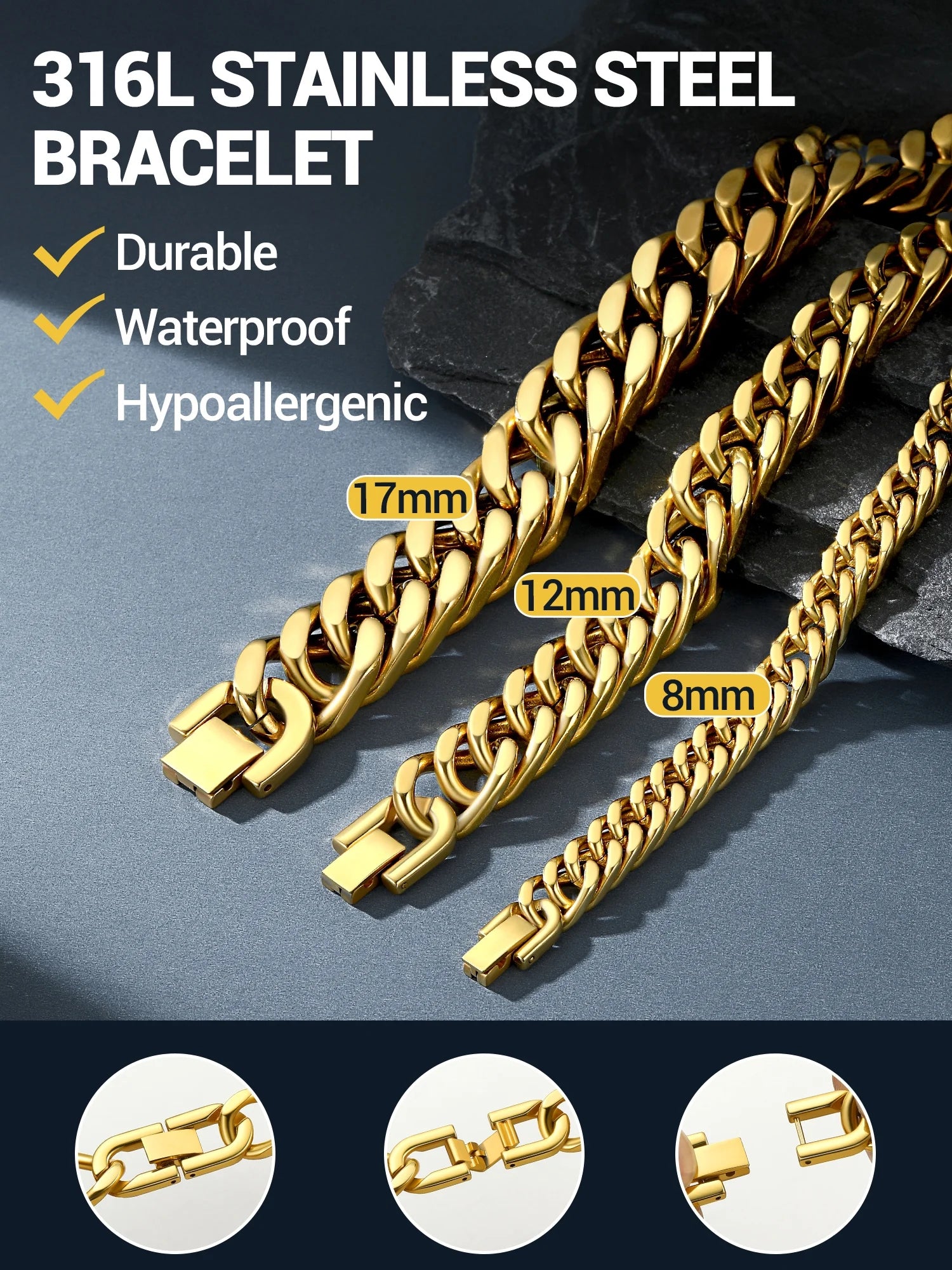 Men Stainless Steel 17Mm Cuban Chain Bracelets Chunky Franco Gold Plated Chain Bracelet 7.5 Inch Chains Jewelry Birthday Valentine Graduation Father Day Gifts