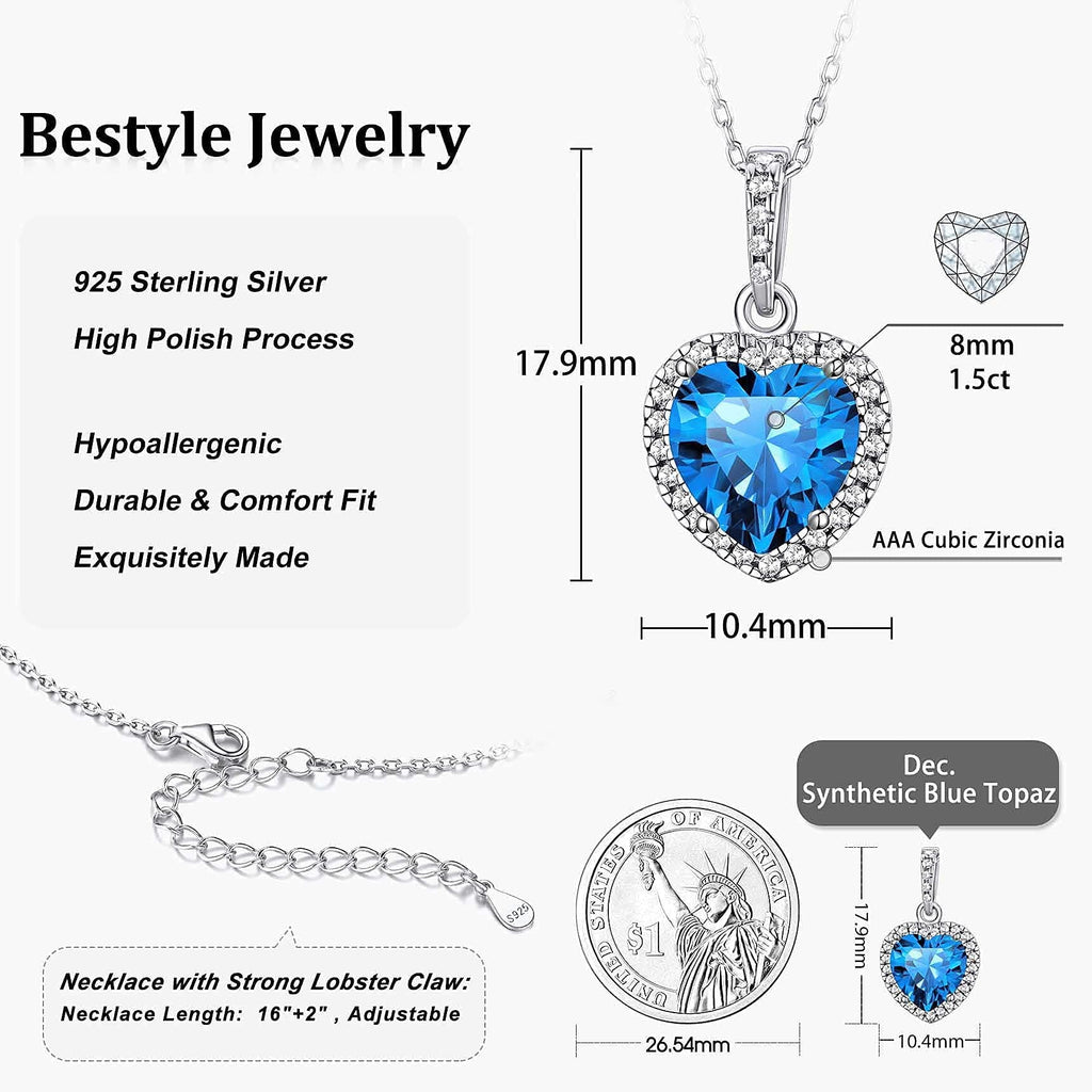 December Synthetic Turquoise Birthstone Necklaces Women Pure 925 Sterling Silver Love Heart Pendant Mother'S Day Gifts for Wife Mom Daughter