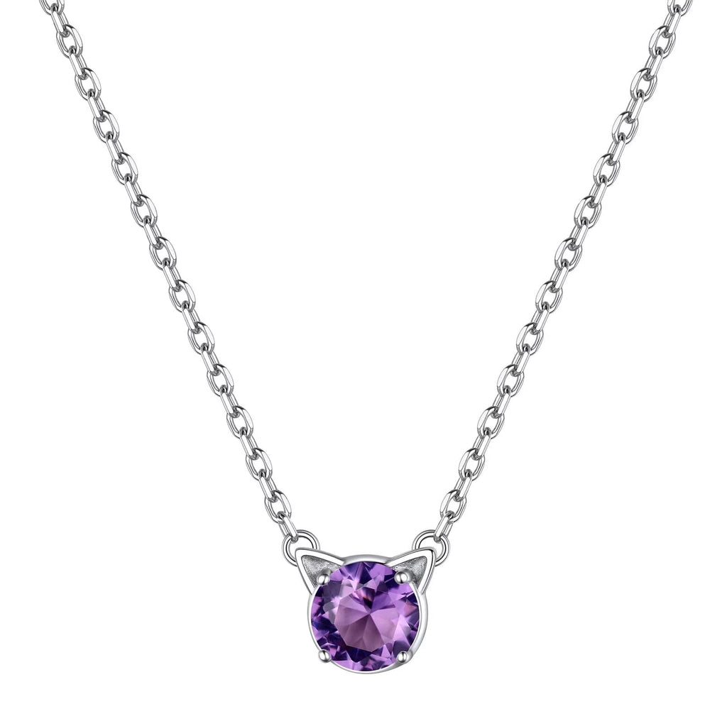 Cute Cat Necklace Sterling Silver Birthstone Pendant Necklace for Women Dainty Jewelry Valentines Day Gifts for Cat Lovers Wife Sister Mom